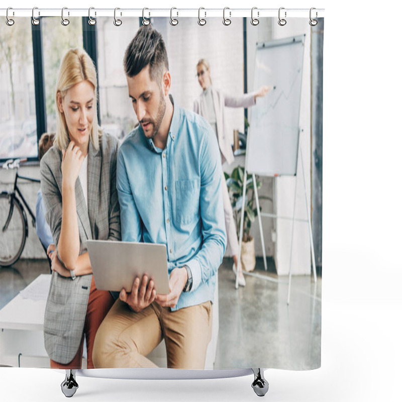 Personality  Young Businessman And Businesswoman Working With Laptop In Office Shower Curtains