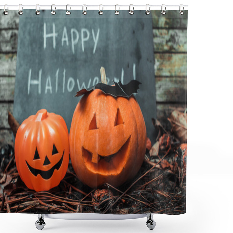 Personality  Happy Halloween. Holiday Pumpkins And Decorations. Pumpkin On Autumn Street. Shower Curtains