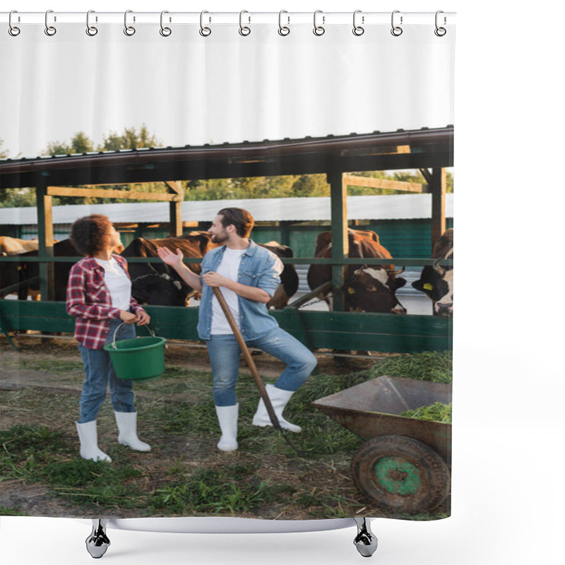 Personality  Smiling Farmer Pointing At Cowshed Near Young African American Colleague Shower Curtains