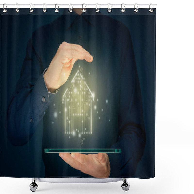 Personality  Smart Home, Intelligent House, And Home Automation App Security Concept. Smart House Icon With Pcb Design, Tablet And Businessman With Protective Insurance Gesture. Shower Curtains