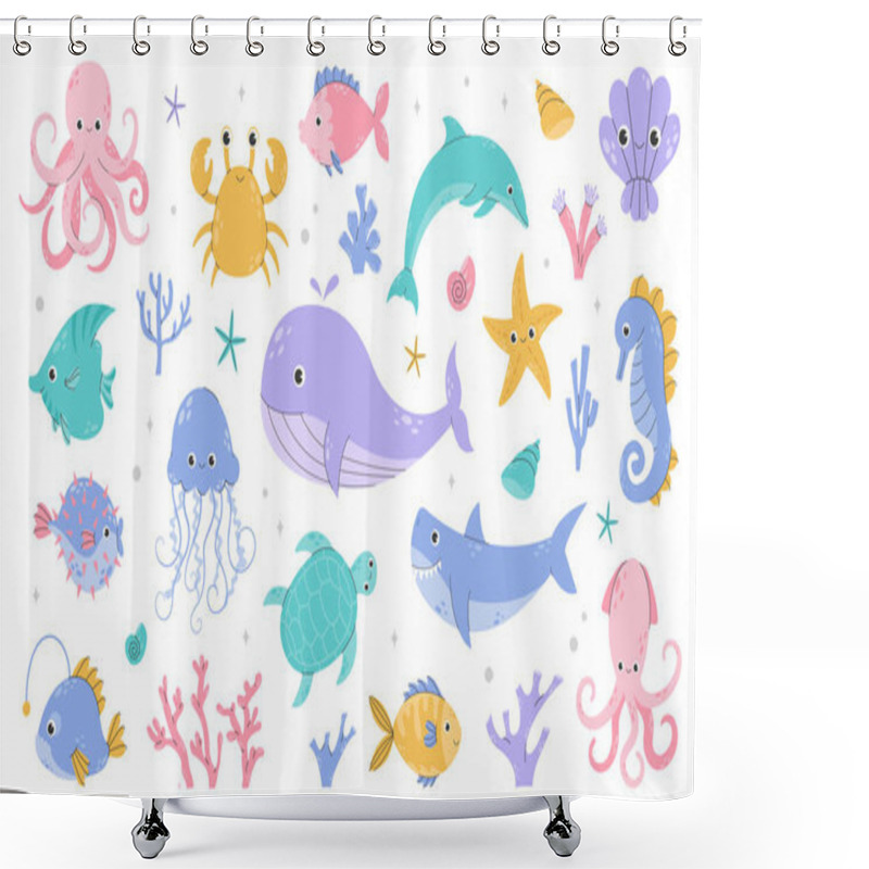 Personality  Set Of Sea And Ocean Underwater Animals. Cute Aquatic Turtle, Whale, Whale, Dolphin, Octopus And Colorful Fishes. Childish Colored Flat Cartoon Vector Illustration Isolated On White Background Shower Curtains