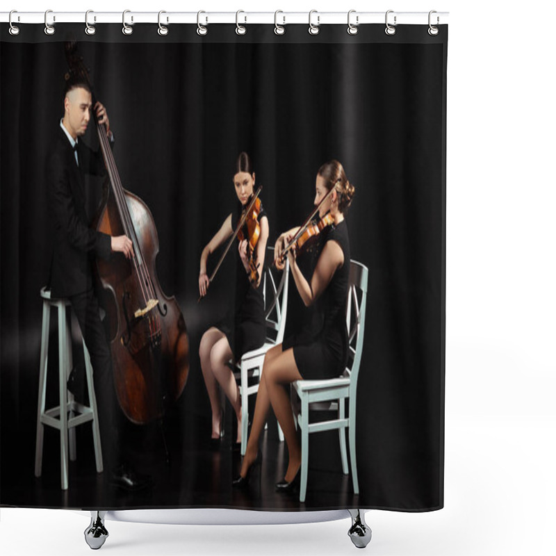 Personality  Trio Of Professional Musicians Playing Classical Music On Violins And Contrabass On Dark Stage Shower Curtains