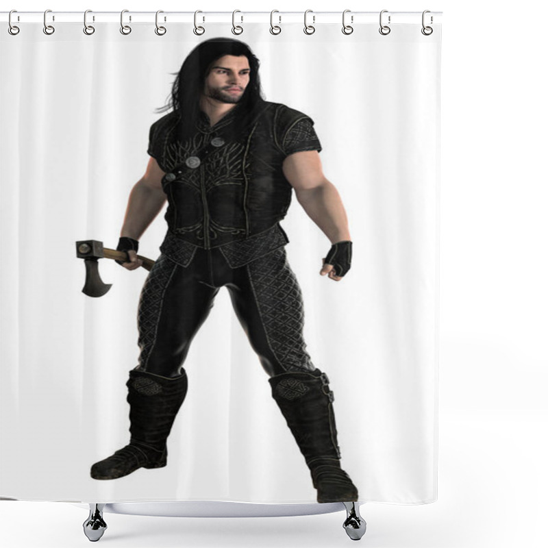 Personality  3D Digital Rendering Of A Male Fantasy Medieval Ranger Or Nobleman Holding An Axe Blade Weapon. Particularly Suited To Book Cover Art And Design In The Historical And Highlander Romance, Fantasy, Elven Genres. Isolated On A White Background. One Of A Shower Curtains