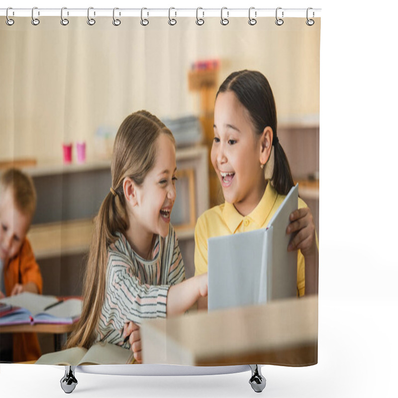 Personality  Excited Girl Pointing At Book Near Cheerful Asian Friend In Montessori School Shower Curtains