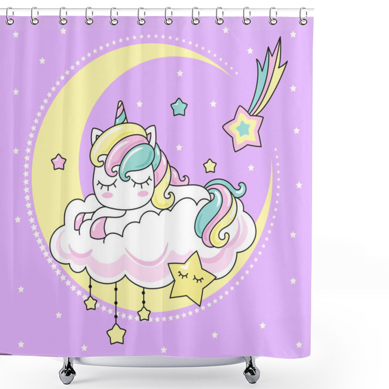 Personality  Cute, Small, Kawai, Rainbow Unicorn. Sleeping On A Cloud. ON A Purple Background. For Design Prints, Posters, Cards And So On. Vector Shower Curtains