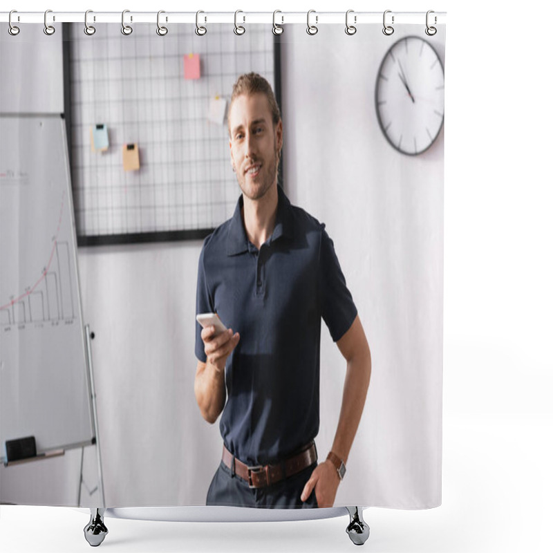 Personality  Happy Office Worker With Hand In Pocket Looking At Camera While Standing At Workplace Shower Curtains