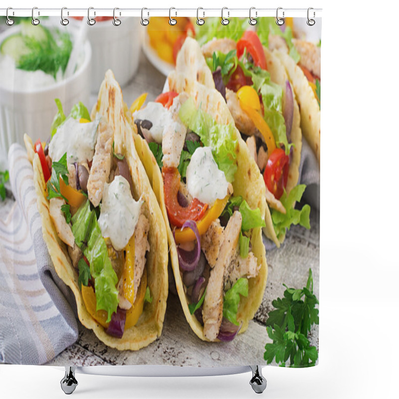 Personality  Mexican Tacos With Chicken, Bell Peppers, Black Beans And Fresh Vegetables And Tartar Sauce Shower Curtains