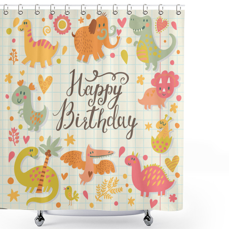 Personality  Happy Birthday Card In Cartoon Style. Shower Curtains