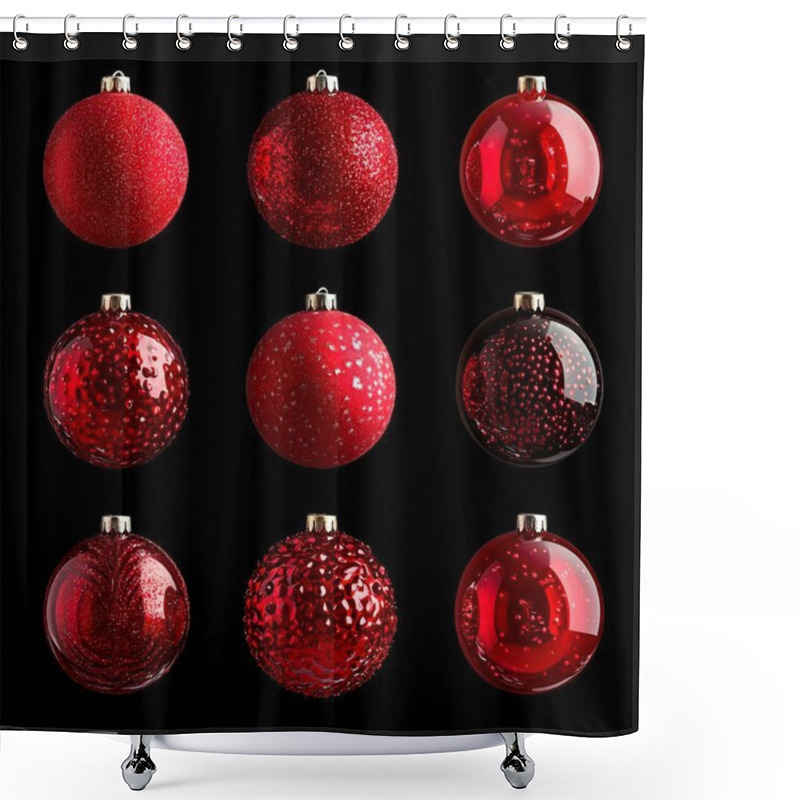 Personality  Nine Festive Red Christmas Baubles On A Black Background. Shower Curtains