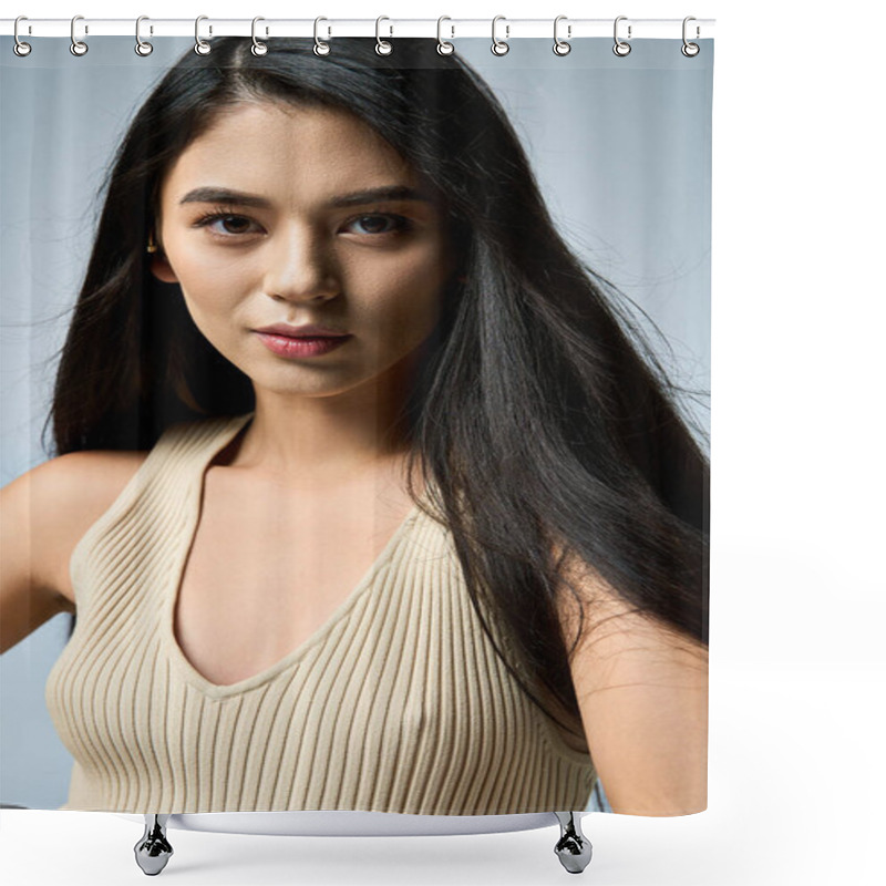 Personality  A Young Woman With Long Black Hair Poses In A Light Beige Ribbed Tank Top. Shower Curtains