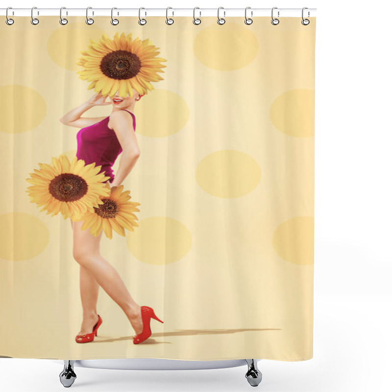 Personality  Artistic Fashion Composition Featuring Sunflowers And Woman In Burgundy Dress On Yellow Dotted Background. Fashion Blogs, Summer Campaigns, Or Beauty Industry Advertisements. Shower Curtains