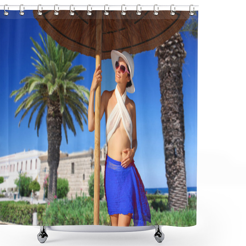 Personality  Sexy Woman In Bikini With Palm Tree In Summer Resort Shower Curtains