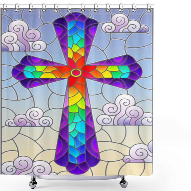 Personality  Illustration In Stained Glass Style With Bright Cross On A Background Of Blue Sky And Clouds Shower Curtains