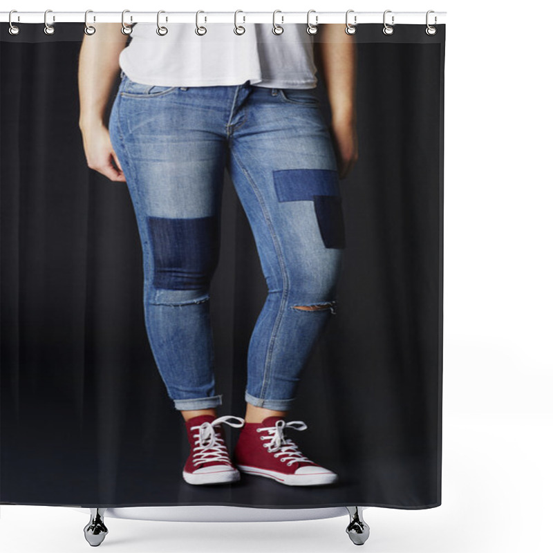 Personality  Young Woman In Jeans And Sneakers Shower Curtains