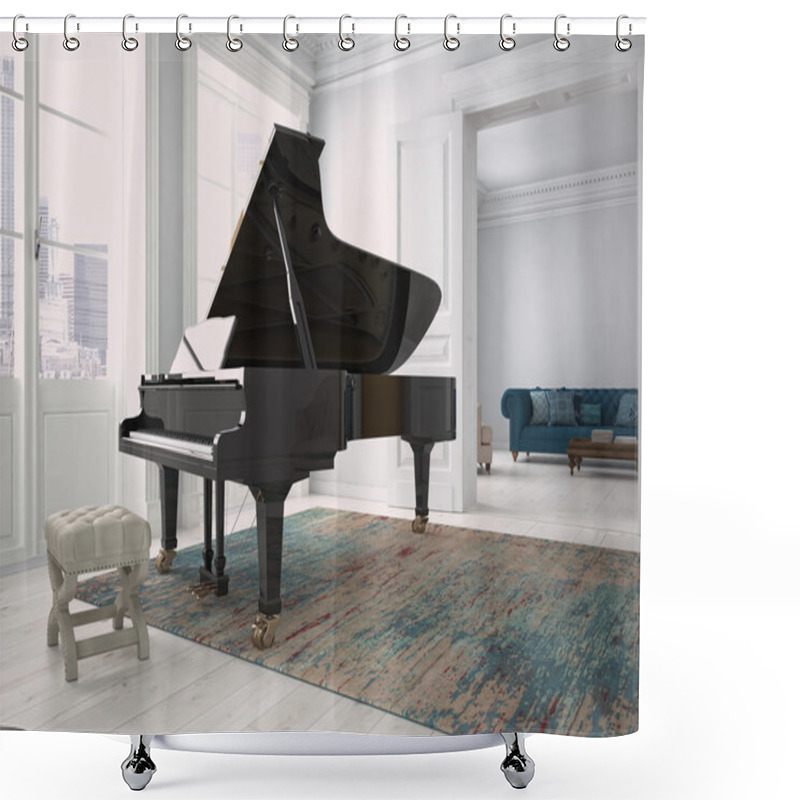 Personality  Black Piano In A Living Room. 3d Rendering Shower Curtains