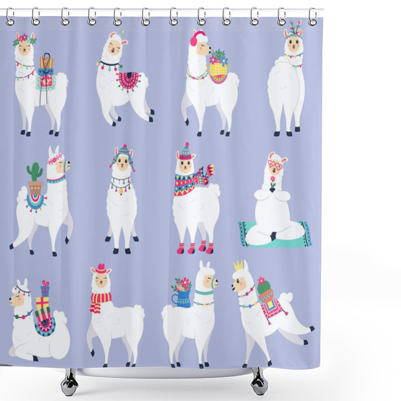 Personality  Cute Llama. Mexican Fluffy Alpaca, Peru Wildlife Funny Animal Characters, Hand Drawn Llama And Alpaca Isolated Vector Illustration Icons Set Shower Curtains