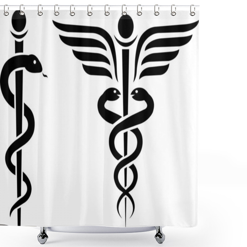 Personality  Snake Medical Symbol Icons With Stick And Wings Vector Isolated On White Background. Caduceus Of Hermes Healthcare Flat Icon For Medical Apps And Websites. Shower Curtains