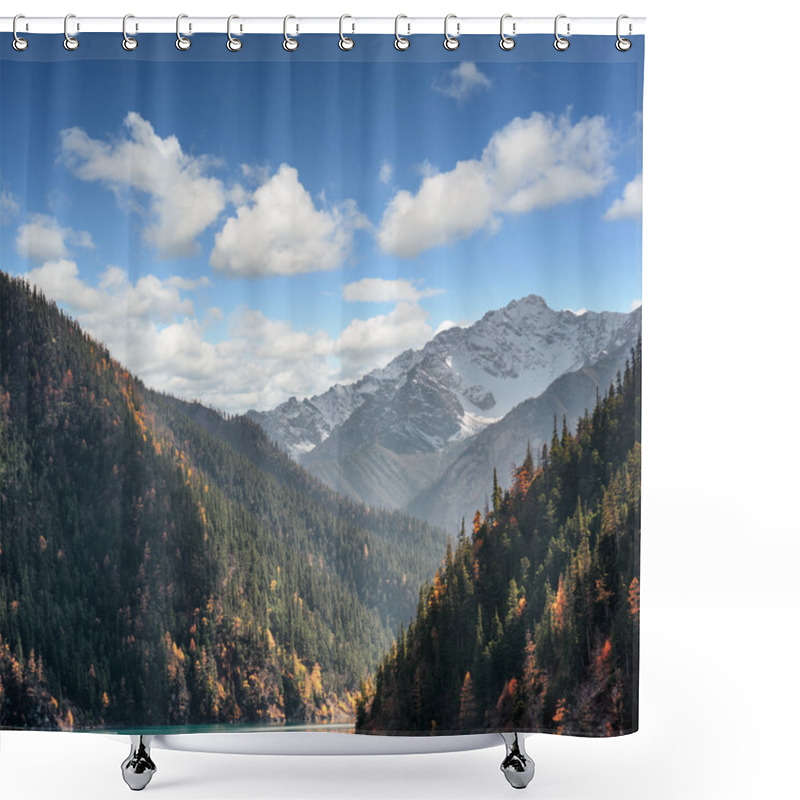 Personality  Fantastic View Of Snow-capped Mountains On Blue Sky Background Shower Curtains