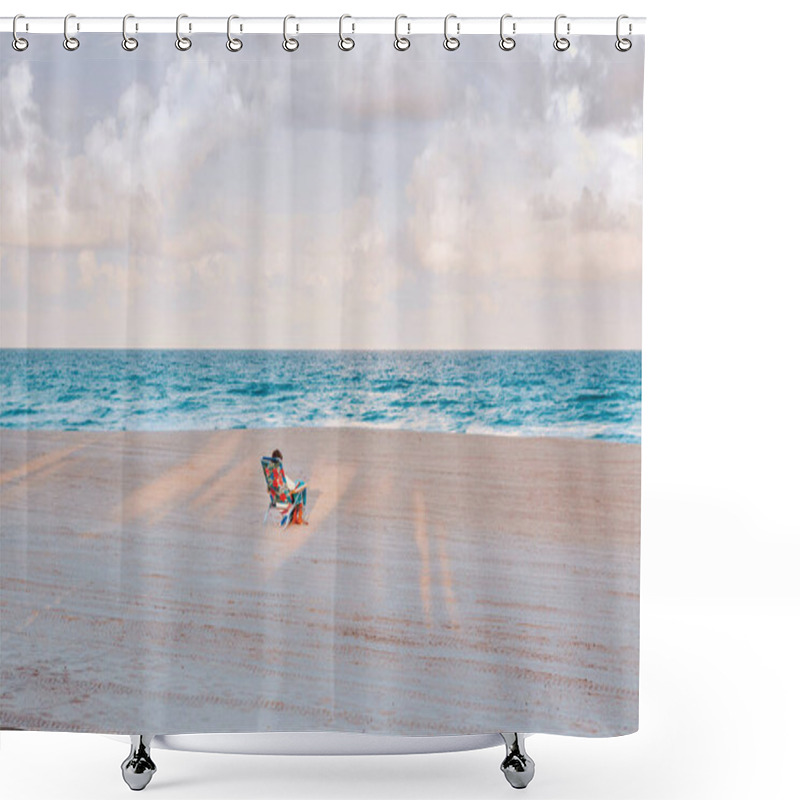 Personality  Man Or Woman Sitting In Beach Chair On Empty Hollywood Ocean Beach In Florida. Senior Person Enjoying Nature Water At Sunset On Seashore Coast. View From Back. Solo Travelling Alone Outdoors.  Shower Curtains