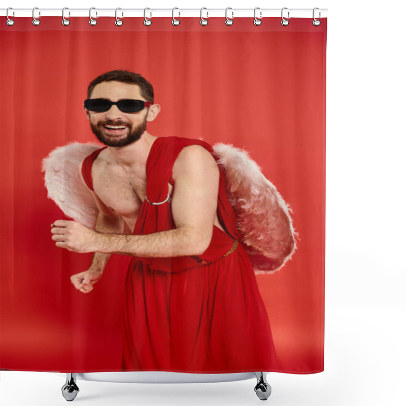 Personality  Quirky Bearded Man In Sunglasses And Cupid Costume Dancing On Red, Saint Valentines Day Themed Party Shower Curtains