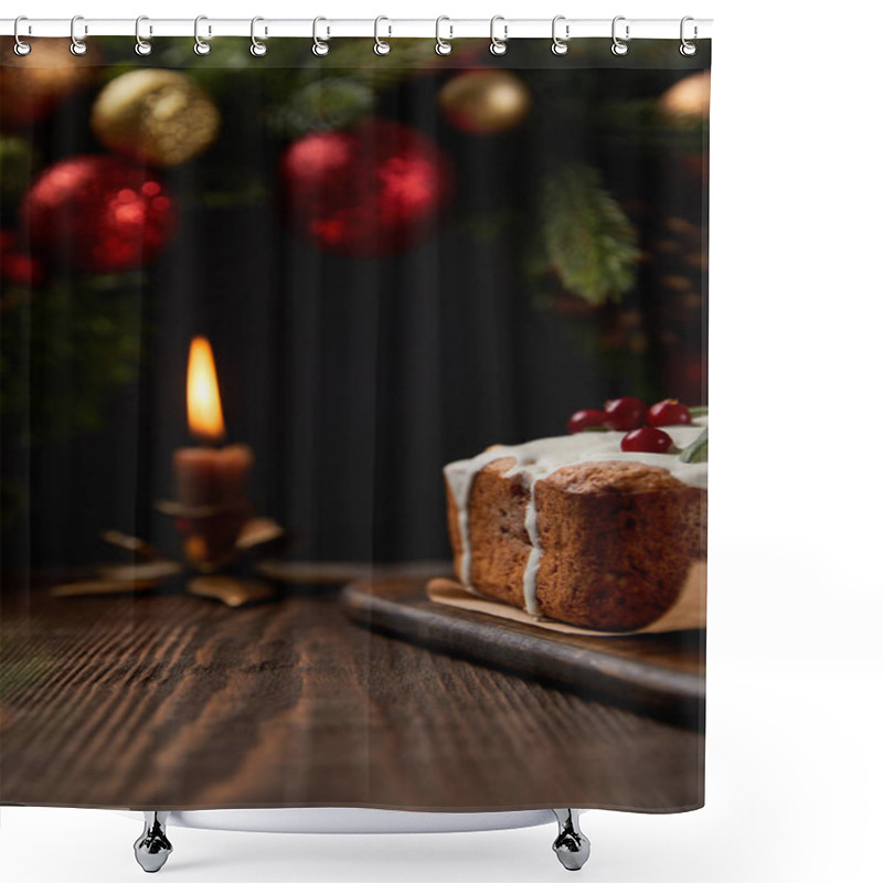 Personality  Selective Focus Of Traditional Christmas Cake With Cranberry Near Christmas Wreath With Baubles And Burning Candle On Wooden Table Isolated On Black Shower Curtains