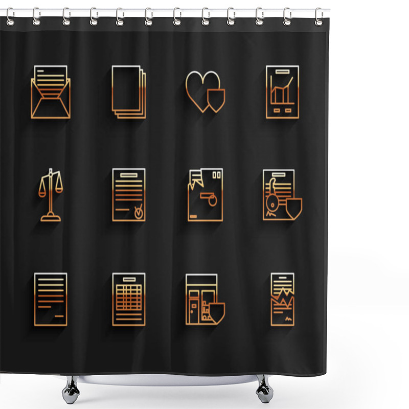 Personality  Set Line Document, Report File Document, Mail And E-mail, Shopping Building With Shield, Torn Contract, Confirmed Check Mark, Key And Ordered Envelope Icon. Vector Shower Curtains