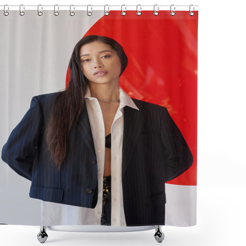 Personality  Fashion Forward, Pretty Asian Woman In Trendy Outfit Posing Near Red Glass On Grey Background, Blazer And Black Latex Shorts, Youthful Model, Studio Photography, Conceptual  Shower Curtains