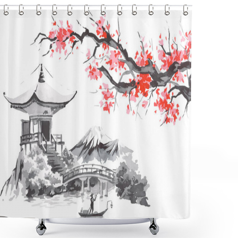 Personality  Japan Traditional Sumi-e Painting. Fuji Mountain, Sakura, Sunset. Japan Sun. Indian Ink Vector Illustration. Japanese Picture. Shower Curtains