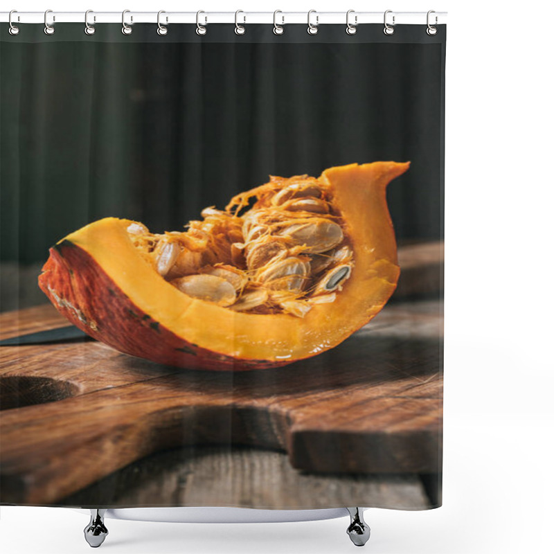 Personality  Close Up View Of Raw And Ripe Pumpkin Half On Cutting Board With Knife On Dark Backdrop Shower Curtains