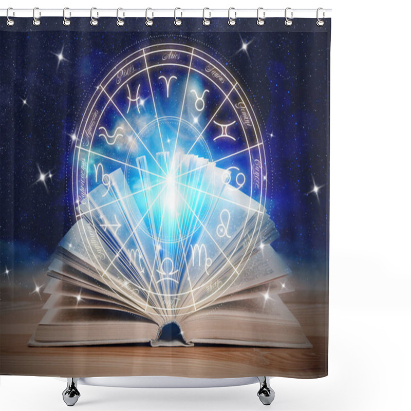 Personality  Open Book On Wooden Table, Illustration Of Zodiac Wheel With Astrological Signs And Starry Sky At Night Shower Curtains