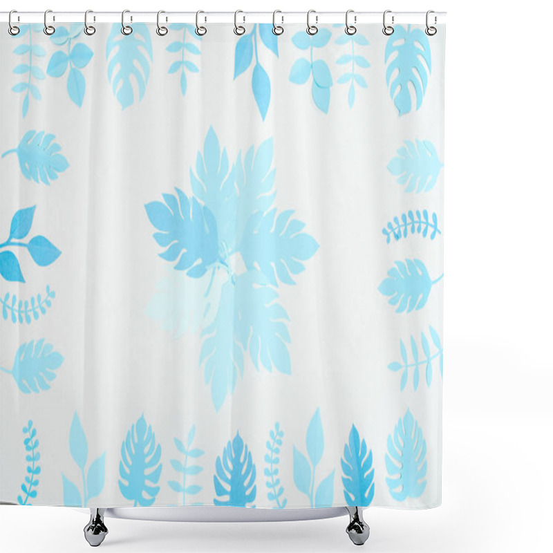 Personality  Top View Of Blue Paper Cut Tropical Leaves Isolated On White Shower Curtains