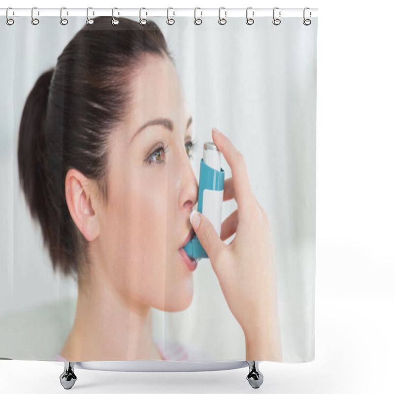 Personality  Woman Using An Asthma Inhaler Shower Curtains