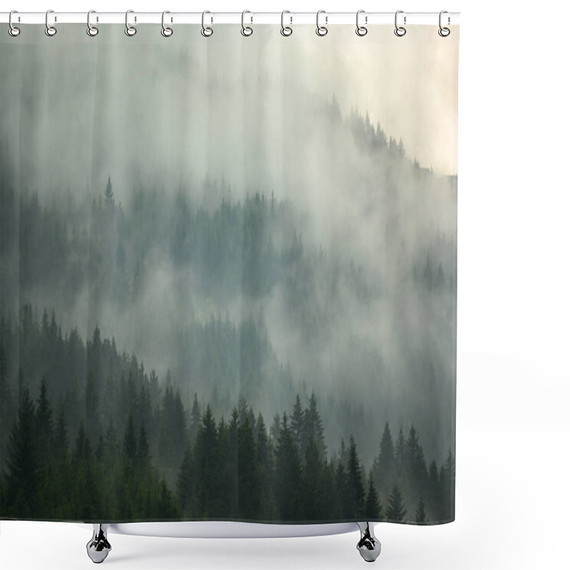 Personality  The Pine Forest In The Valley In The Morning Is Very Foggy, The Atmosphere Looks Scary. Dark Tone And Vintage Image. Shower Curtains