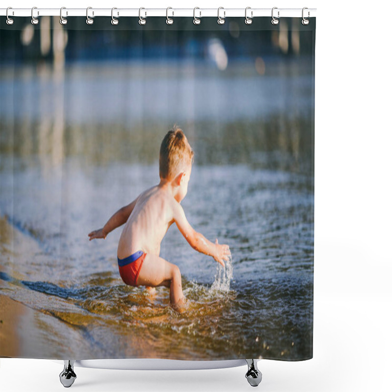 Personality  Theme Is Summer Time And Rest Near The Water. Little Joyful Caucasian Funny Boy Plays And Enjoys In The River. The Child Is Resting And Swimming In The Lake Pond Sandy Beach Shower Curtains