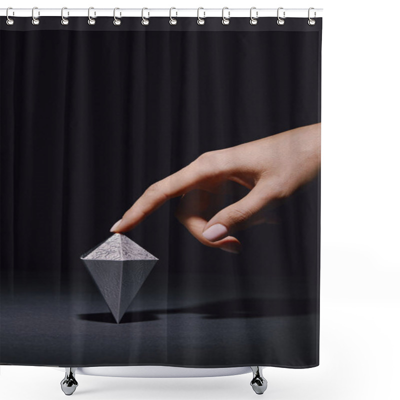 Personality  Cropped Shot Of Hand Touching Faceted Piece Of Silver Mineral On Black Shower Curtains