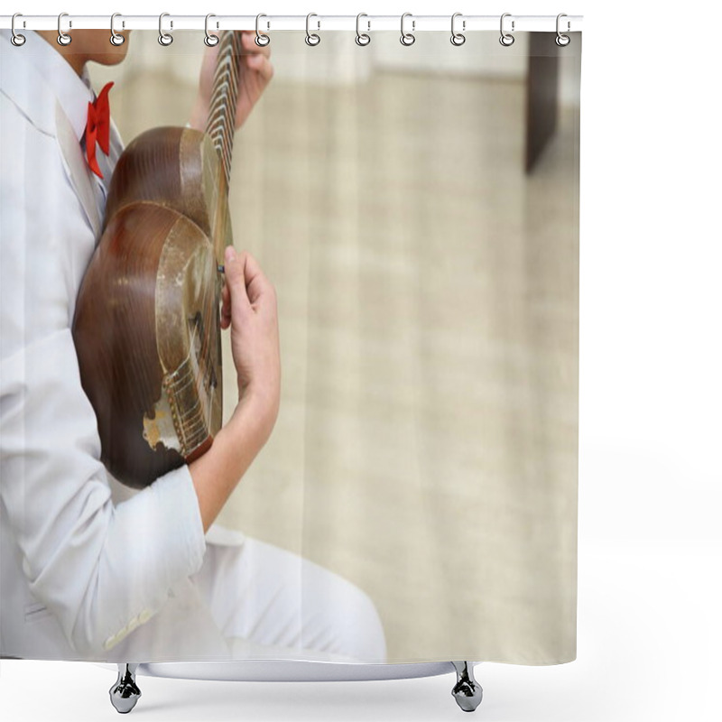 Personality  Azerbaijan Baku . 21.02.2020. Tar String Instrument . Man Playing On A Classical Folk Instrument Tar Of Azerbaijan. A Musician Playing Azerbaijani Traditional Musical String Instr Shower Curtains