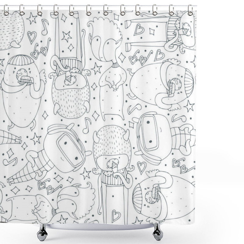 Personality  Cute Seamless Pattern With Lovely Doodle Monsters Eating, Staying And Looking At Spectator. Black And White Creatures On White Background. Lovely Childish Design, Good For Wrapping Paper, Wallpaper Shower Curtains