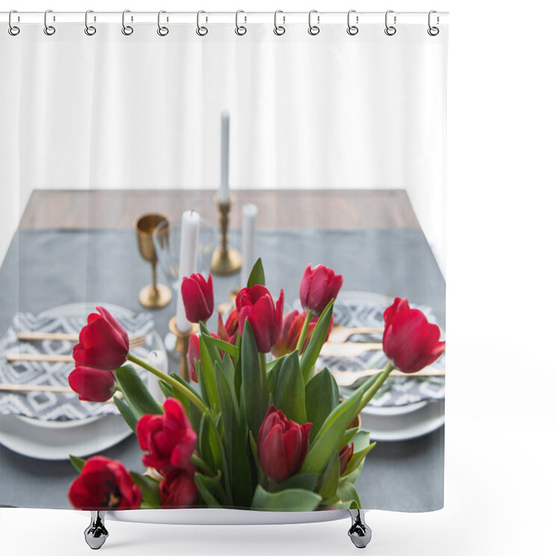 Personality  Selective Focus Of Bouquet Of Red Tulips And Rustic Table Setting Behind Shower Curtains