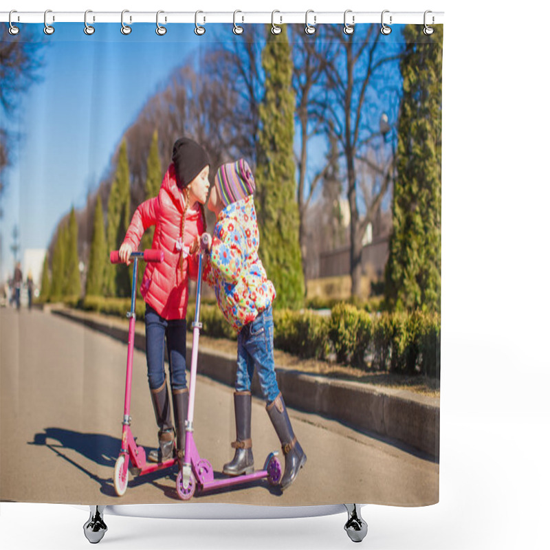 Personality  Adorable Little Girls Ride Scooters On A Warm Sunny Spring Day Shower Curtains