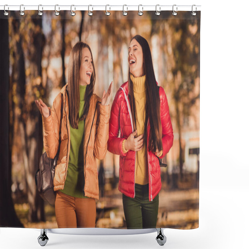 Personality  Photo Of Comic Two Girls Friends Go Walk City Town Center Chatting Tell Say Funky Jokes Laughing Wear Season Outerwear Bag Rucksack In Sunset Fall Park Shower Curtains