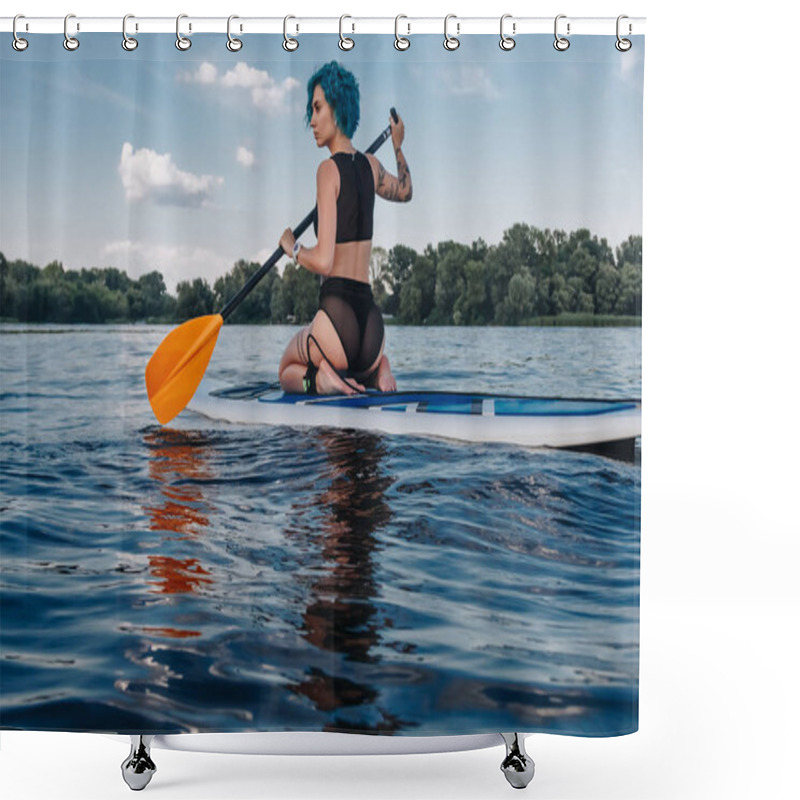 Personality  Athletic Tattooed Girl Sitting On Paddle Board On River Shower Curtains