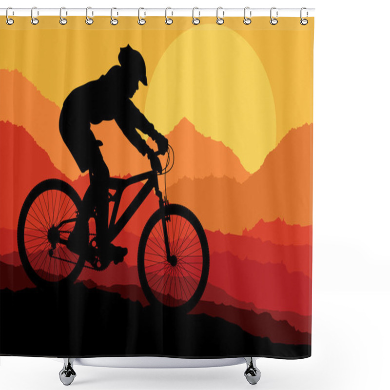 Personality  Mountain Bike Rider In Landscape Background Illustration Vector Shower Curtains