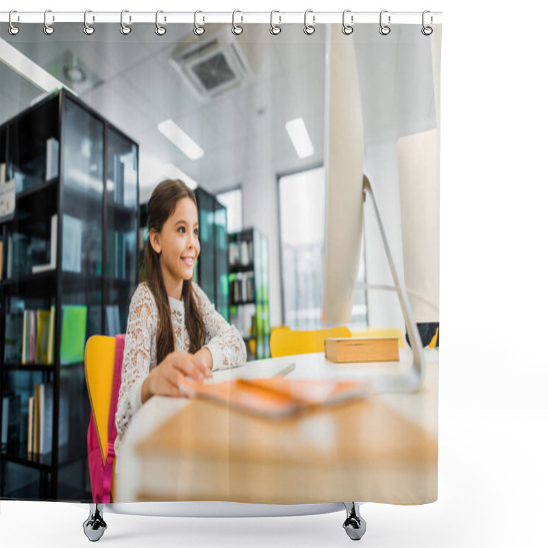 Personality  Adorable Smiling Schoolgirl Using Desktop Computer In Library   Shower Curtains