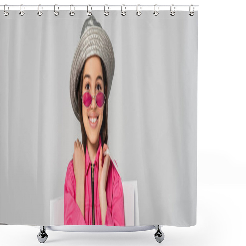 Personality  Positive Girl In Stylish Outfit, Sunglasses And Panama Hat Posing With Shopping Bags On Grey, Banner Shower Curtains