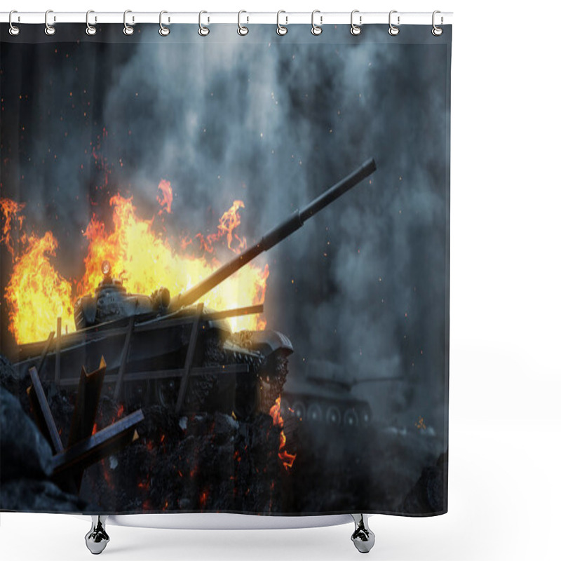 Personality  Burning Battle Tank On The Battlefield At Dusk Shower Curtains