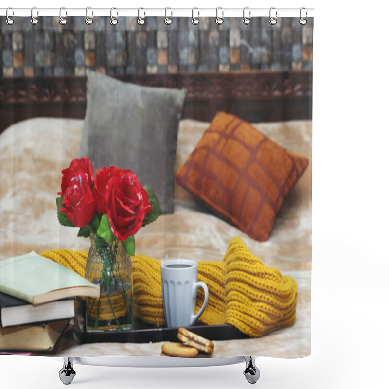 Personality  Books, Chocolate Cookies, Cup Of Coffee, Roses Vase In Tray During On Bed  The Morning Shower Curtains