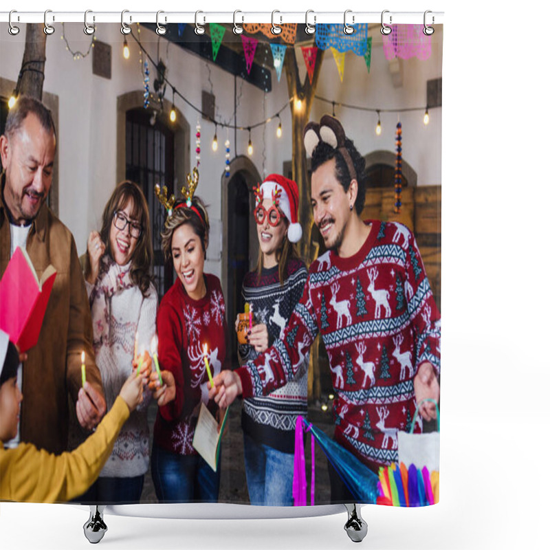 Personality  Mexican Family Singing Carols In Christmas Eve And Celebrating Traditional Posadas In Mexico Latin America, Hispanic Culture And People Shower Curtains