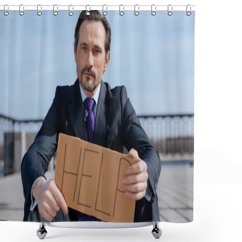 Personality  Portrait Of Sad Man Looking Straight On Camera Shower Curtains