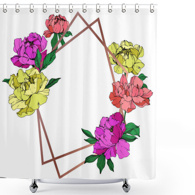 Personality  Vector Isolated Living Coral, Purple And Yellow Peonies With Green Leaves On White Background. Engraved Ink Art. Frame Border Ornament With Copy Space. Shower Curtains