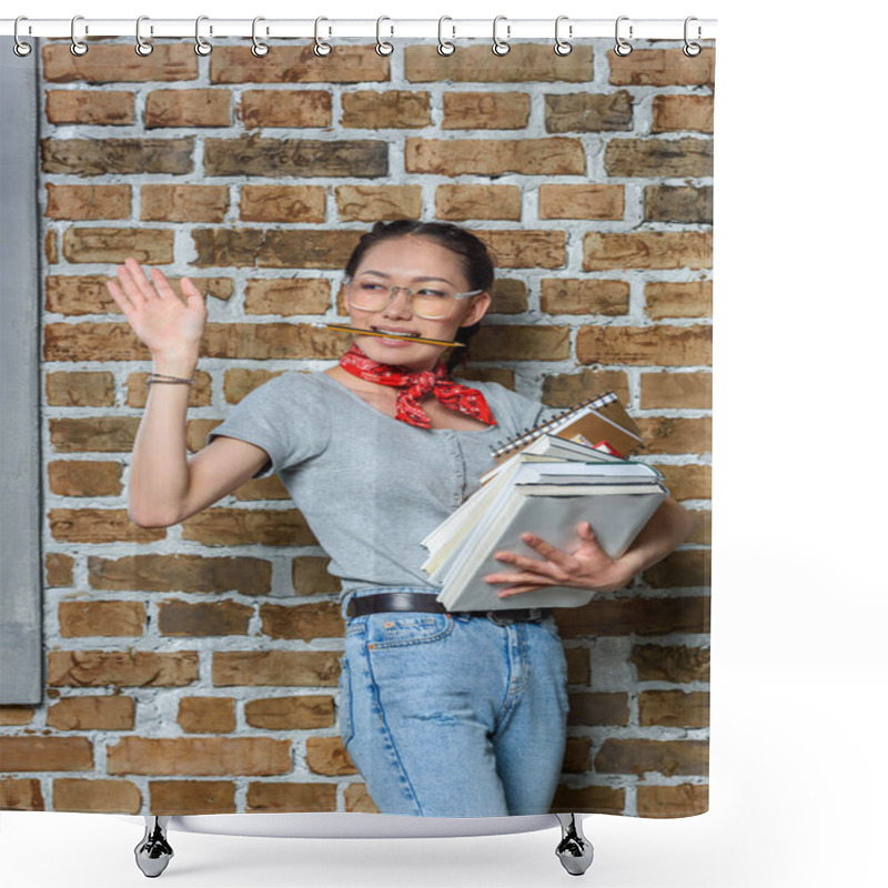 Personality  Young Asian Woman Holding Books With Hand Gesture Shower Curtains